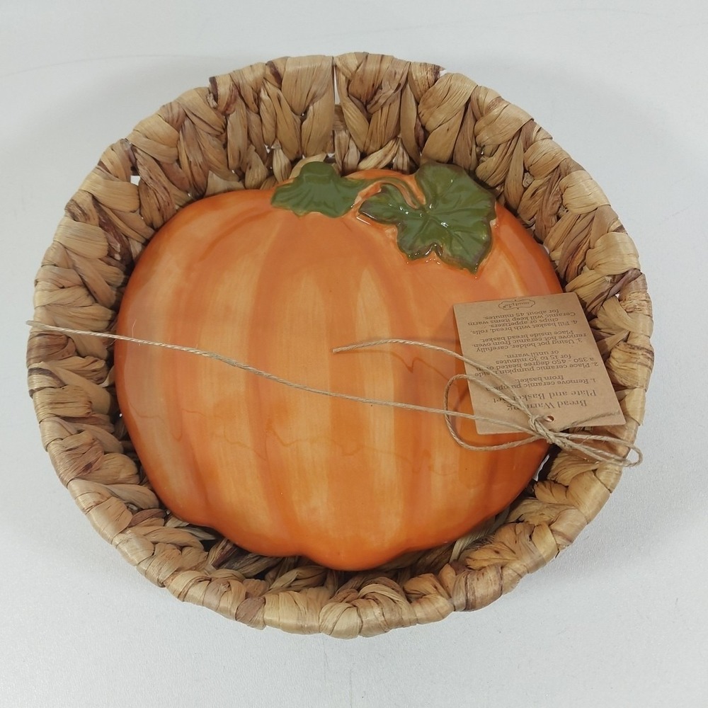 New Mud Pie Ceramic Pumpkin BREAD Warming Stone Serving Basket Set